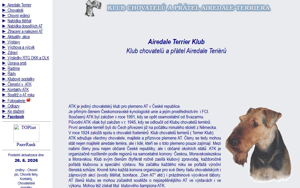 Původní web Airedale Terrier Klubu s bočním menu a textovým rozcestníkem.
